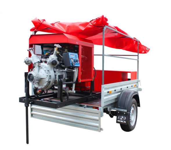 Мотопомпа пожарная МП-20/100 «Гейзер» на  легковом прицепе МЗСА, комплектация М