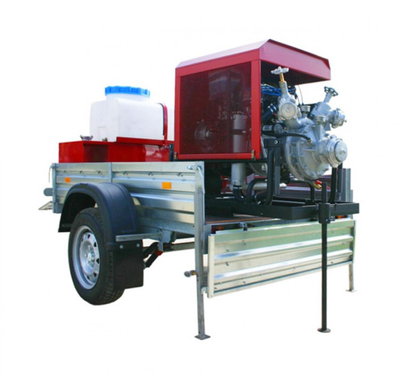 Мотопомпа пожарная МП-20/100 «Гейзер» на легковом прицепе МЗСА, комплектация Б