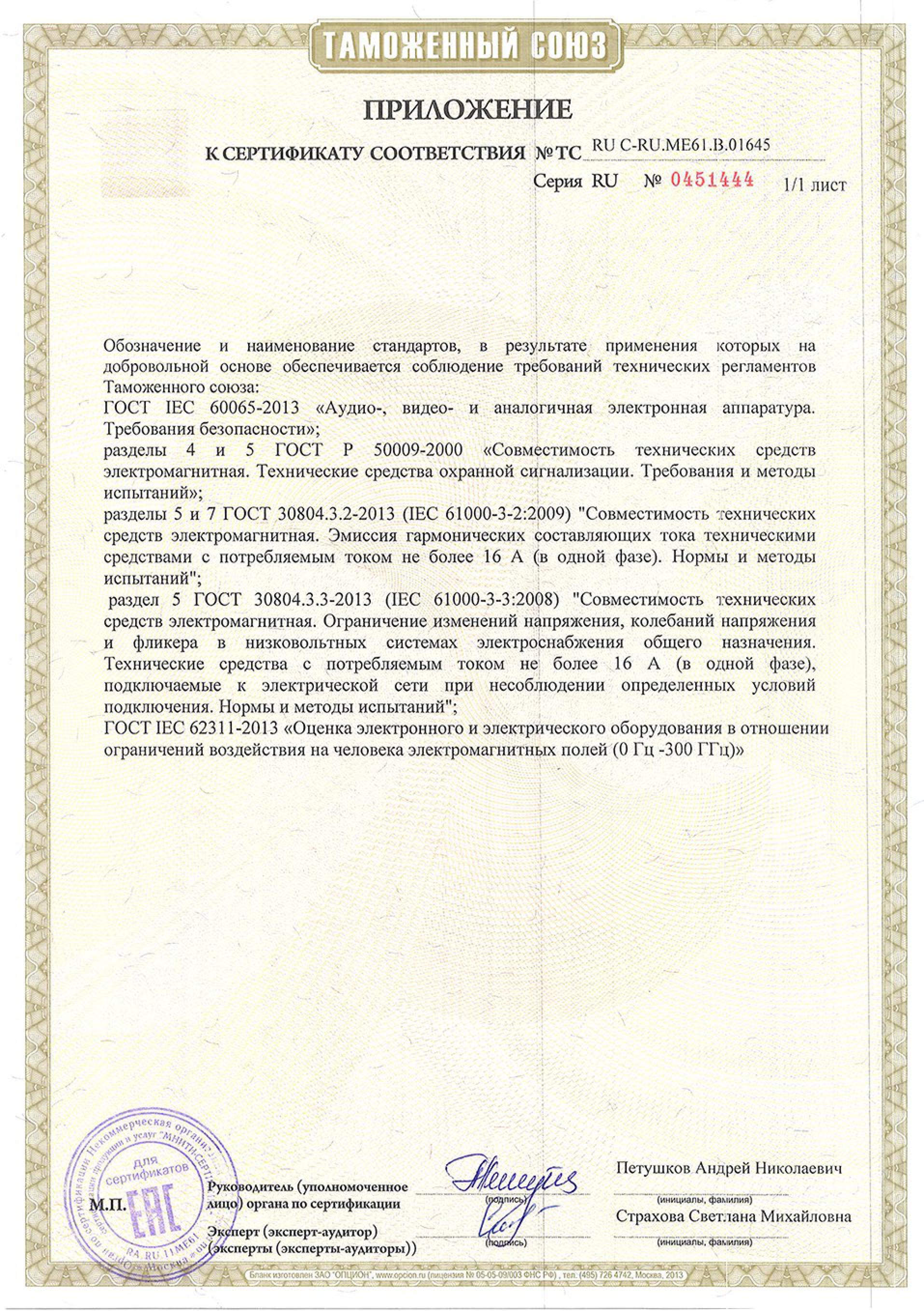 Приложение к сертификату